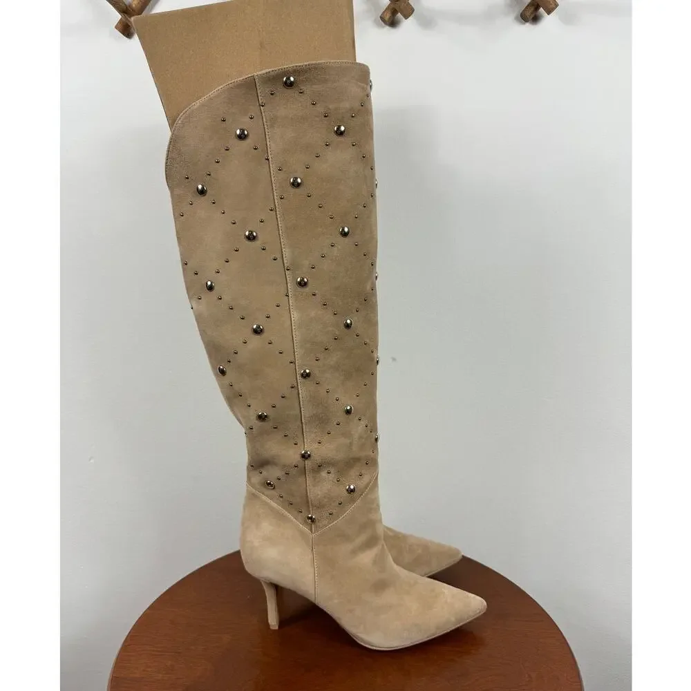 New Vince Camuto Fimulie Studded High Knee Boots Tortilla Suede Women's Size 9